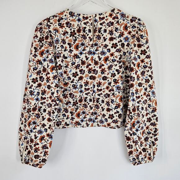 Zara Ecru Floral Print Long Puff Sleeves Top Blouse Size L Large Boho Casual - Picture 9 of 10